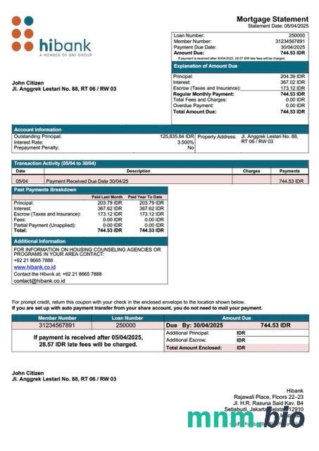 Indonezja Bank Hibank wyciąg z kredytu hipotecznego szablon Word i PDF